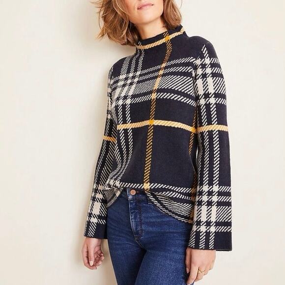 Ann Taylor Sweaters - Ann Taylor Navy Plaid Turtleneck Sweater with Cream and Gold Accents